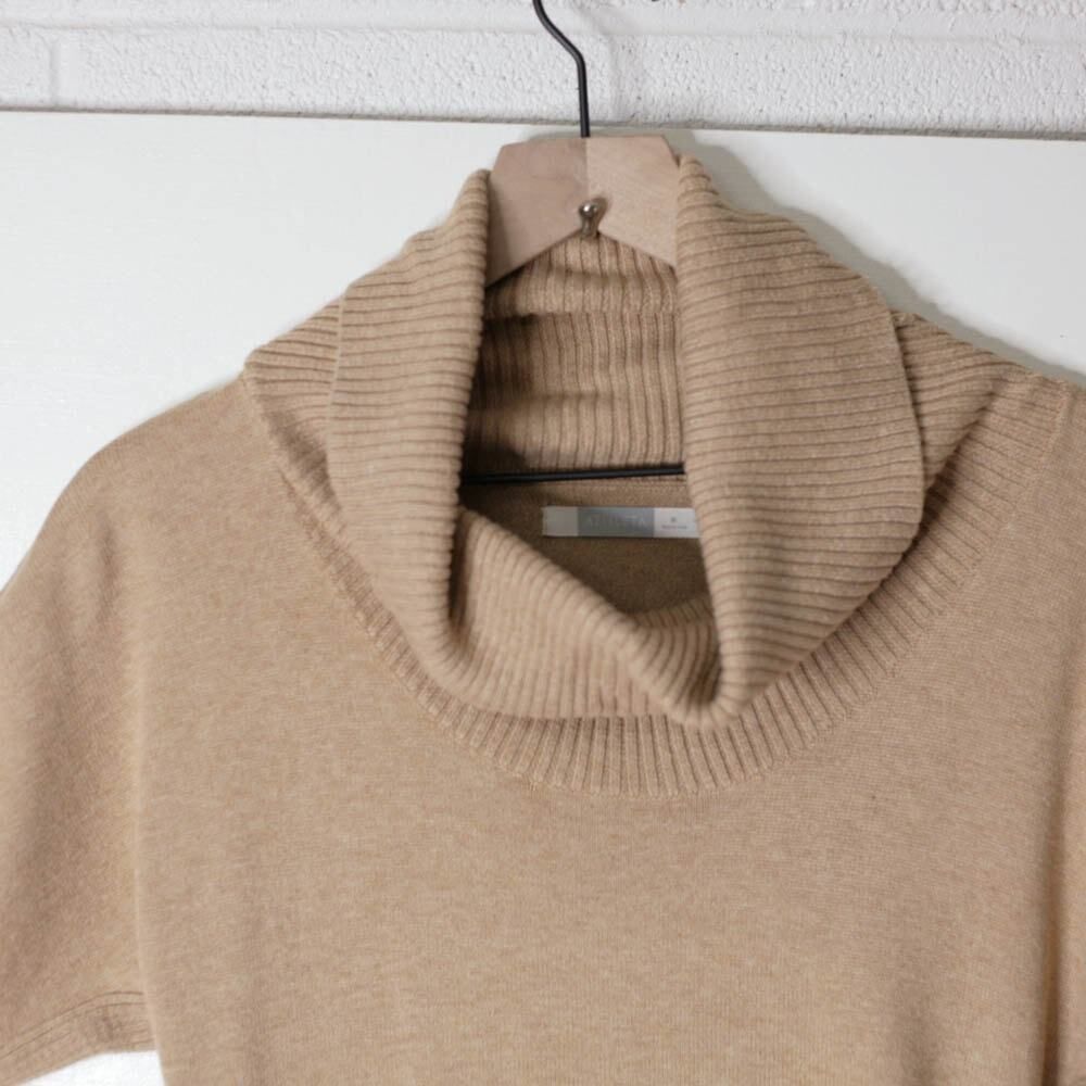 Athleta Sweater Dress Medium Tan Cowl Neck Mini Ribbed Knit 2 Pockets Cozy Beige - Picture 4 of 7